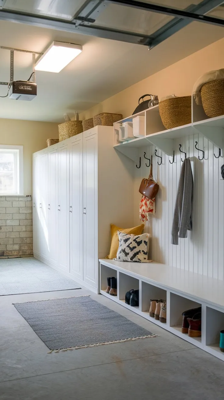 A bright, renovated garage mudroom boasts lockers, a bench, shelving, hooks, and a rug for ultimate organization and convenience