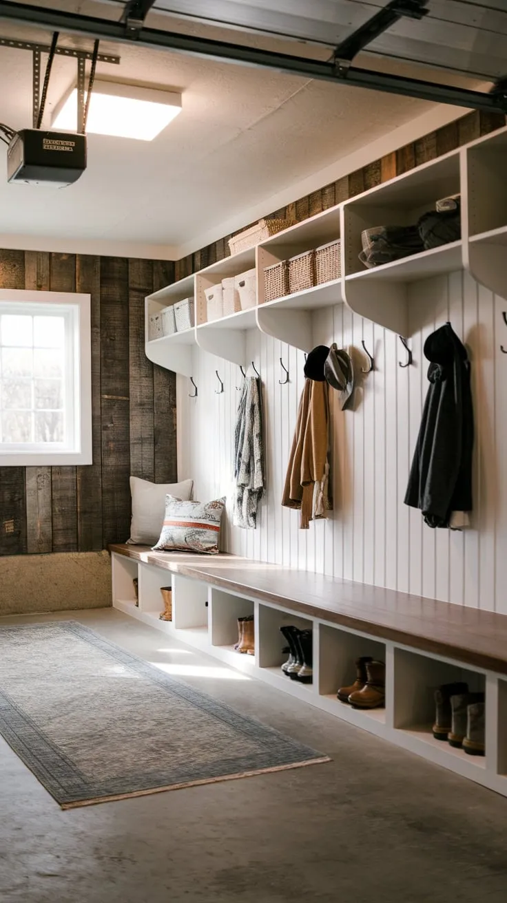 Bright lighting and rustic wood paneling highlight a transformed garage mudroom offering convenient storage and a welcoming atmosphere.