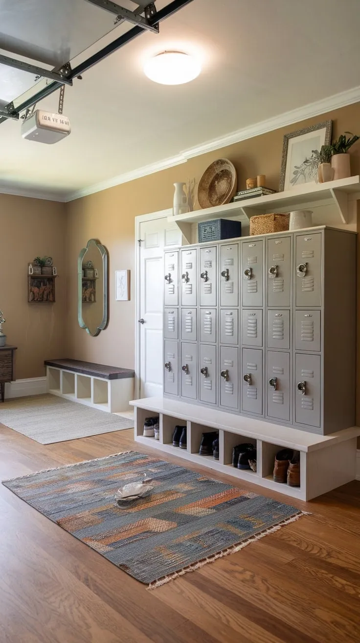 A stylish garage drop zone boasts hardwood floors, custom lockers, and a welcoming space to ditch muddy shoes and coats.