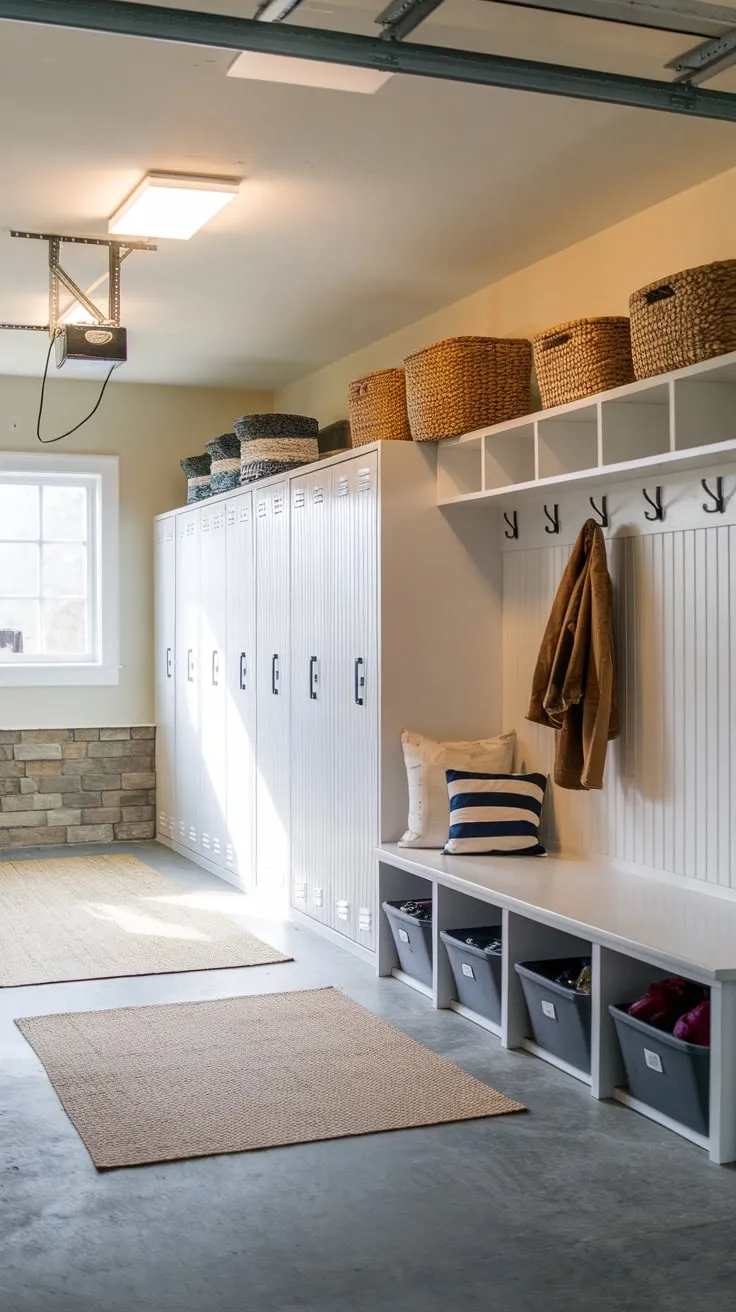 A bright, renovated garage transformed into a functional mudroom with lockers, storage, and a comfy rug welcomes you home