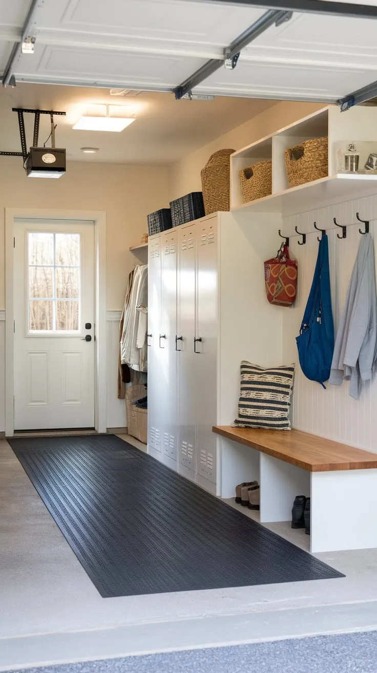 A bright, organized garage drop zone boasts lockers, shelves, a durable floor mat, bench seating, and ample hooks for a clutter-free entryway