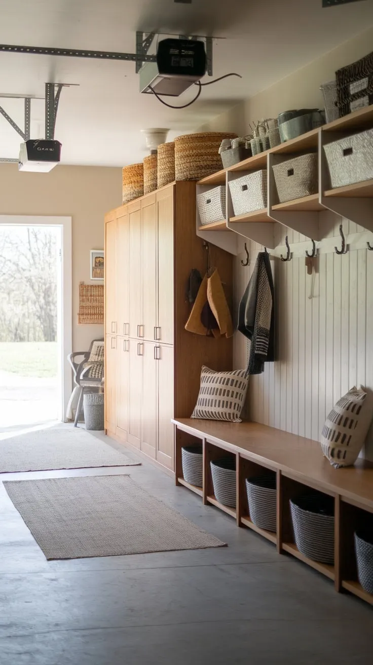 A transformed garage offers a practical mudroom and storage solution complete with lockers, seating, and exterior access.