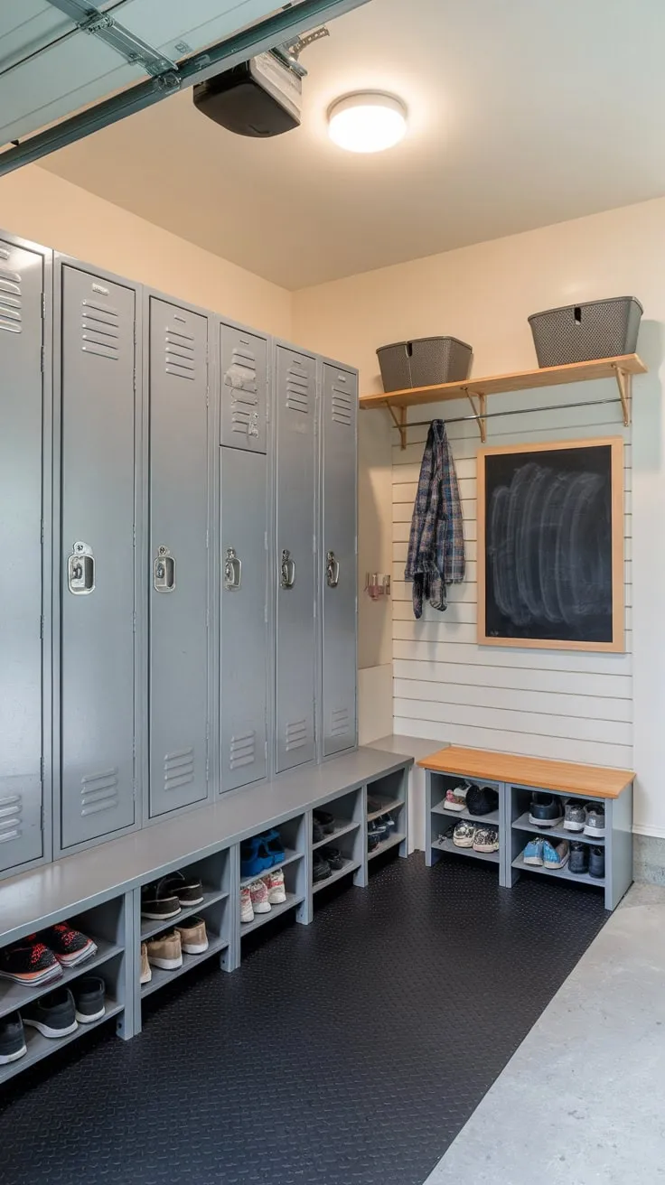 A transformed garage offers a functional drop zone complete with lockers, durable flooring, and convenient storage solutions.
