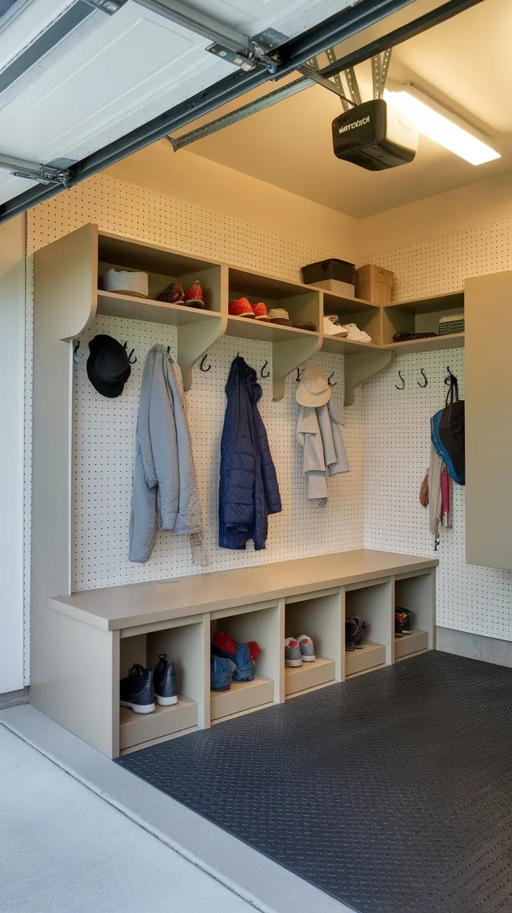 This garage-mudroom features a practical drop zone, complete with bench seating, overhead shelving, pegboard walls, and a durable floor for easy cleanup.