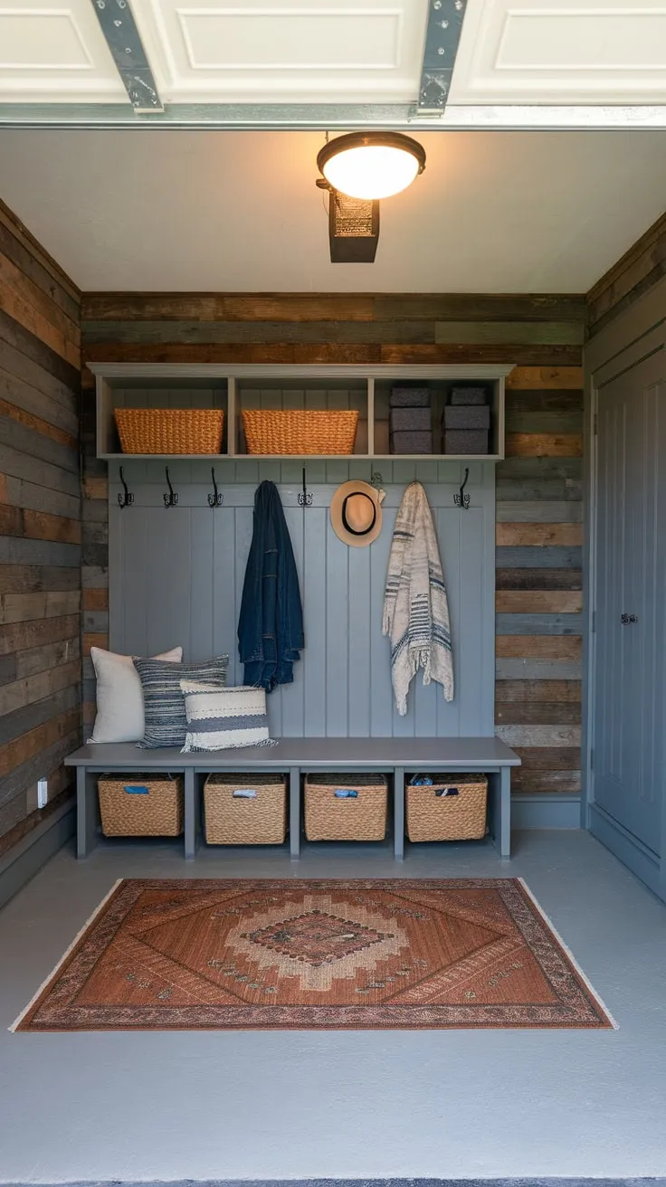 Rustic wood paneling and painted concrete floors create a charming and organized garage drop zone with built-in storage.