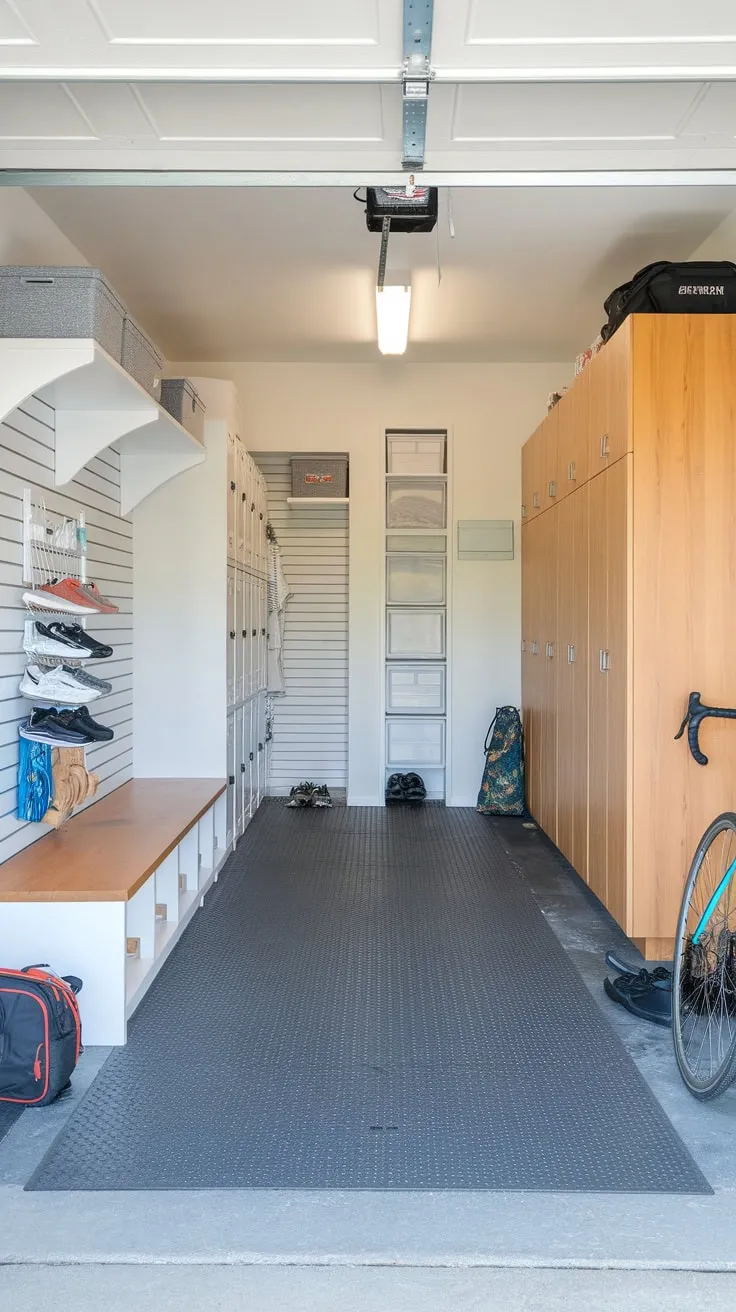 A bright, organized garage drop zone boasts shelves, lockers, and a rubber-matted floor, taming clutter with stylish storage and functionality