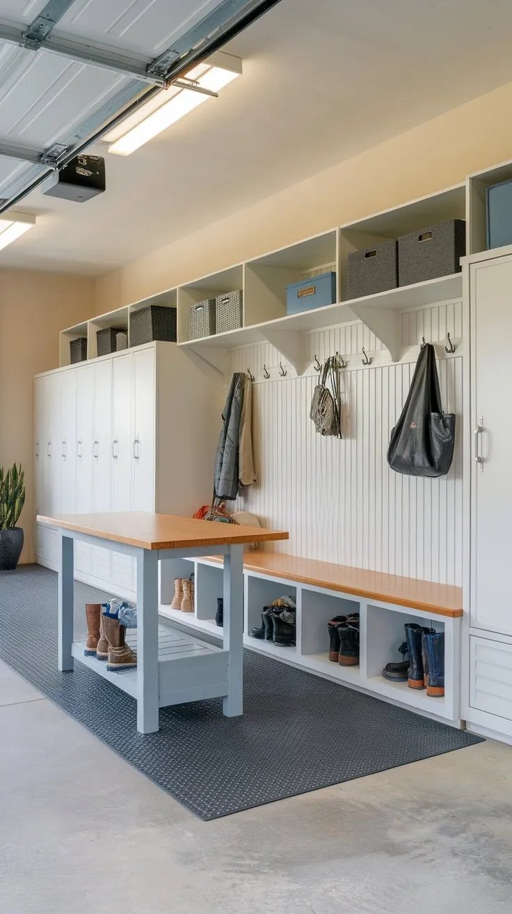 A bright, organized garage-mudroom boasts a central drop zone table, overhead storage, lockers, and durable flooring for efficient family entry.