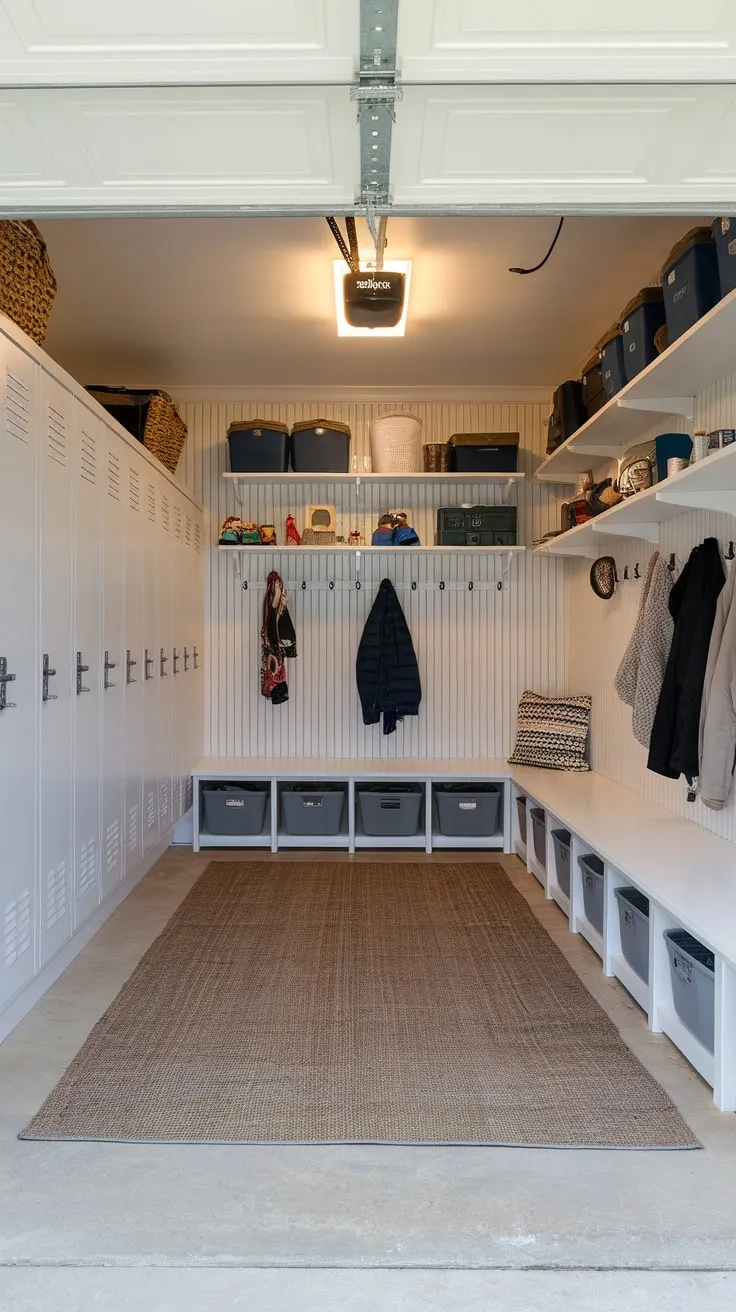 A transformed garage boasts a mudroom and ample storage, featuring lockers, a bench, hooks, shelves, and a comfy rug.