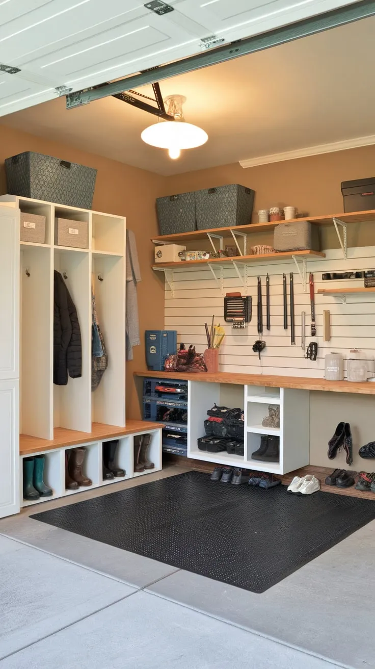 A transformed garage now features a practical drop zone, complete with storage, a workbench, and comfortable seating for a clutter-free and organized space.