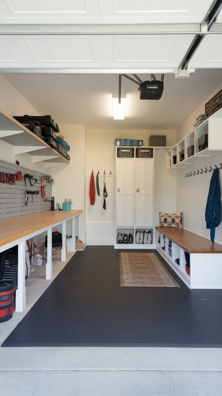 A bright, organized garage renovation boasts a practical drop zone and mudroom, complete with workbench, storage, and lockers for streamlined family life