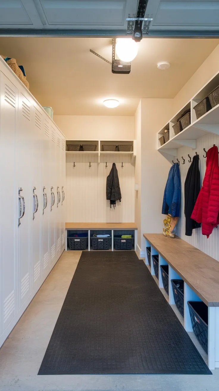A transformed garage now offers a bright mudroom complete with storage lockers, a bench, and protective flooring, creating a drop zone for ultimate convenience.