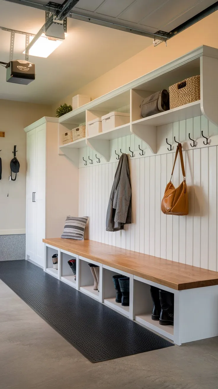 A bright garage-mudroom boasts a durable drop zone with bench seating, ample shelving, and plentiful hooks for ultimate organization