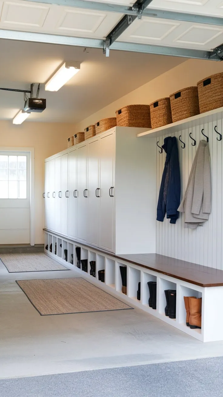 A bright, organized garage-mudroom boasts lockers, cubbies, and ample shelving for a clutter-free drop zone
