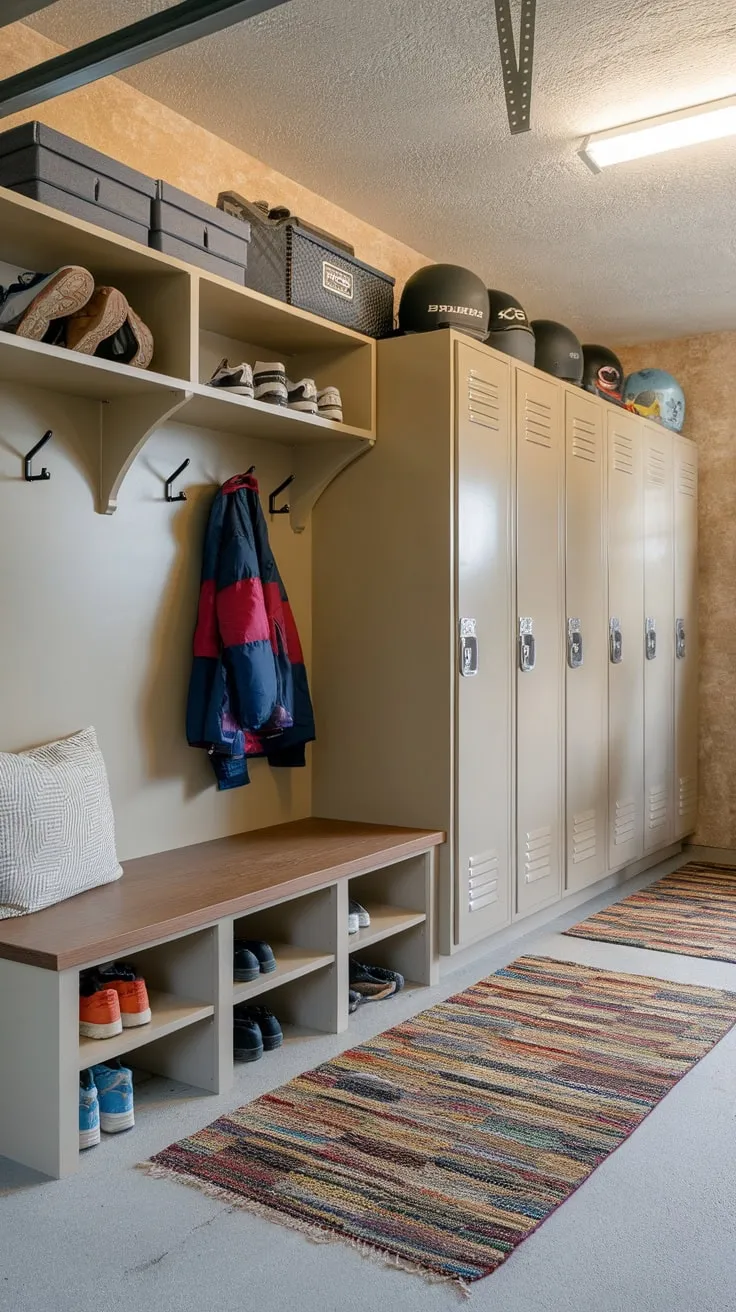 Transform your garage into a stylish and organized drop zone with built-in storage, a comfortable bench, and a cheerful atmosphere.