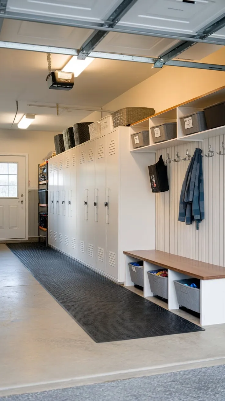 This transformed garage offers ample storage and a functional drop zone with lockers, benches, and bright lighting.