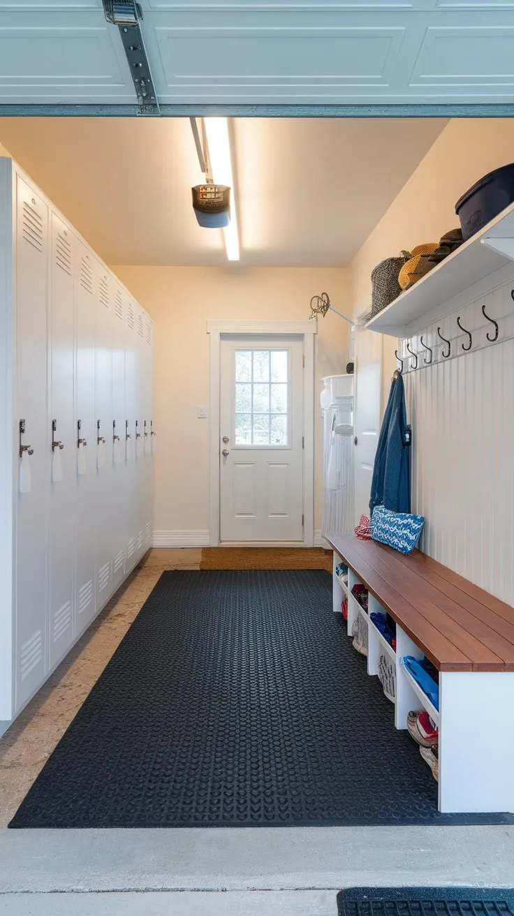 This renovated garage offers a functional mudroom with ample storage, bright lighting, and durable flooring.