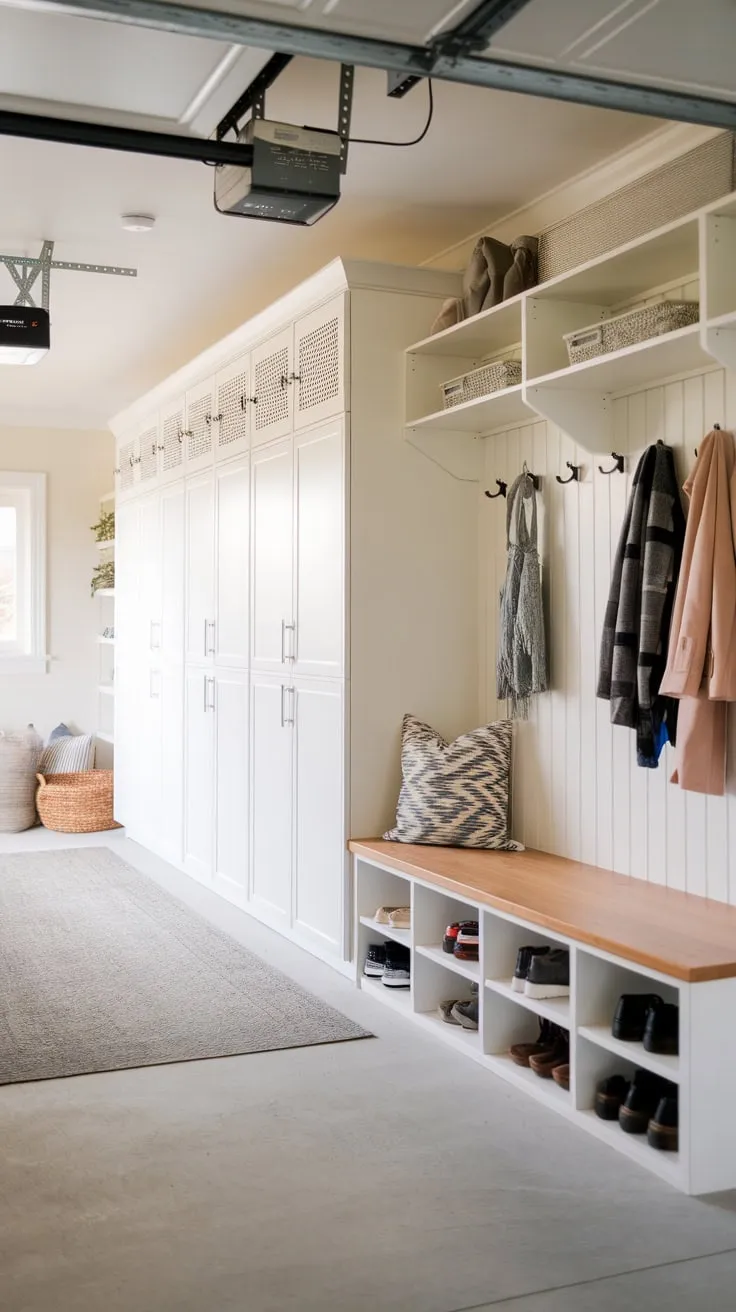 A bright, organized garage-mudroom boasts lockers, a drop zone, and ample storage, transforming chaos into calm.