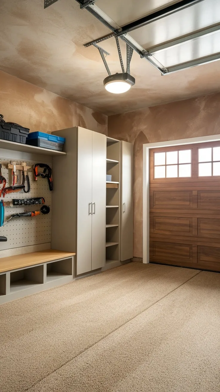 A renovated garage boasts ample storage, a mudroom, and a designated drop zone for ultimate organization.