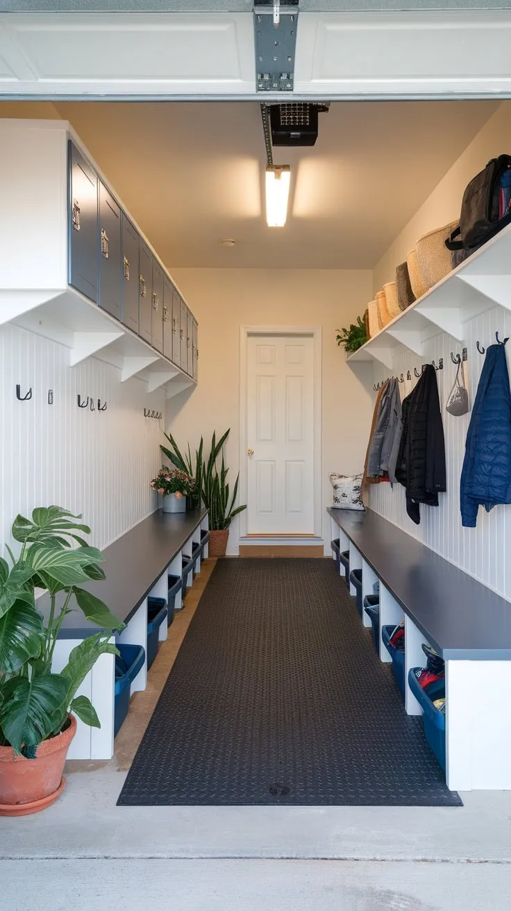 A transformed garage offers a practical mudroom featuring built-in storage, a comfortable bench, and a durable floor for easy cleanup.
