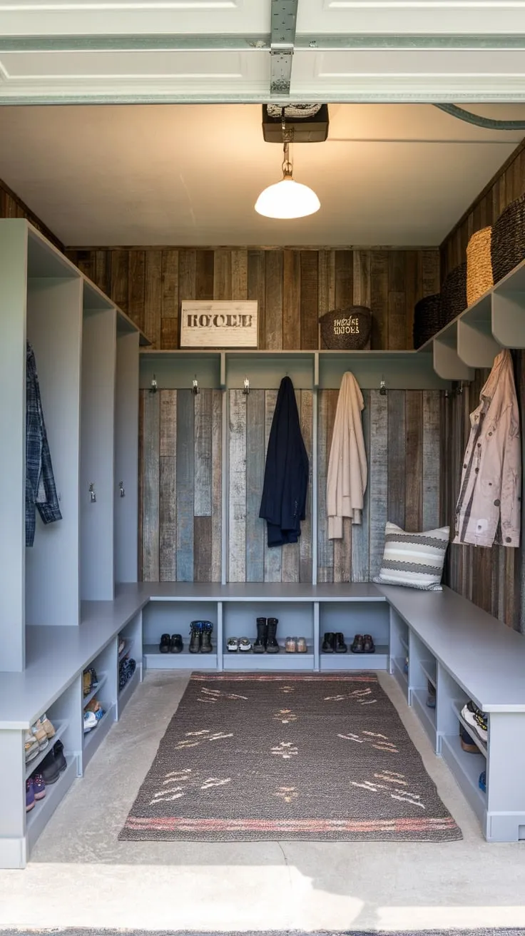 Rustic wood paneling and a cozy rug complete the transformed garage, now a welcoming entryway with dedicated storage.