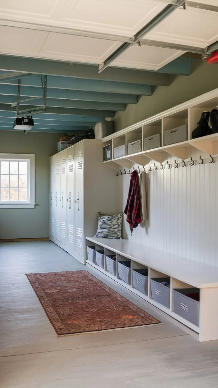 A stylish garage-mudroom boasts lockers, built-in storage, and charming exposed beams, creating the ultimate drop zone.