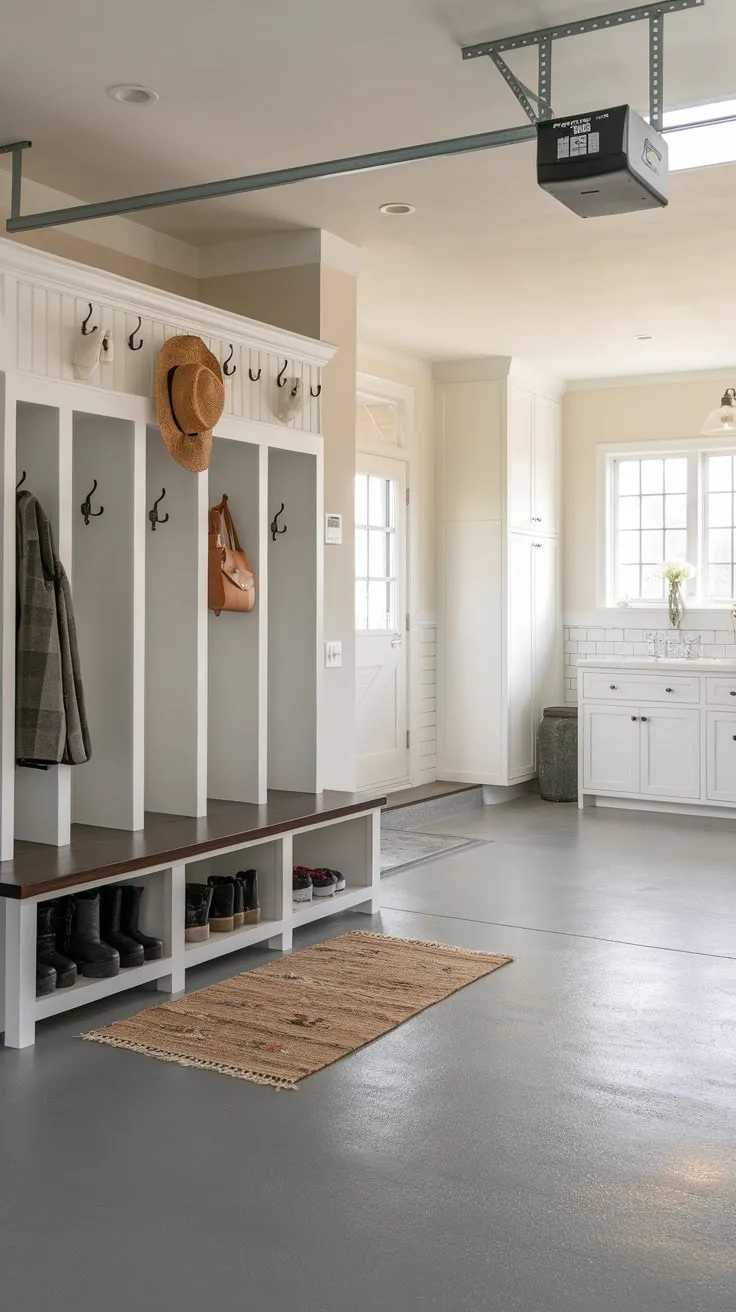 This renovated garage offers a stylish mudroom and a practical drop zone complete with sink and storage, creating a bright and organized space.