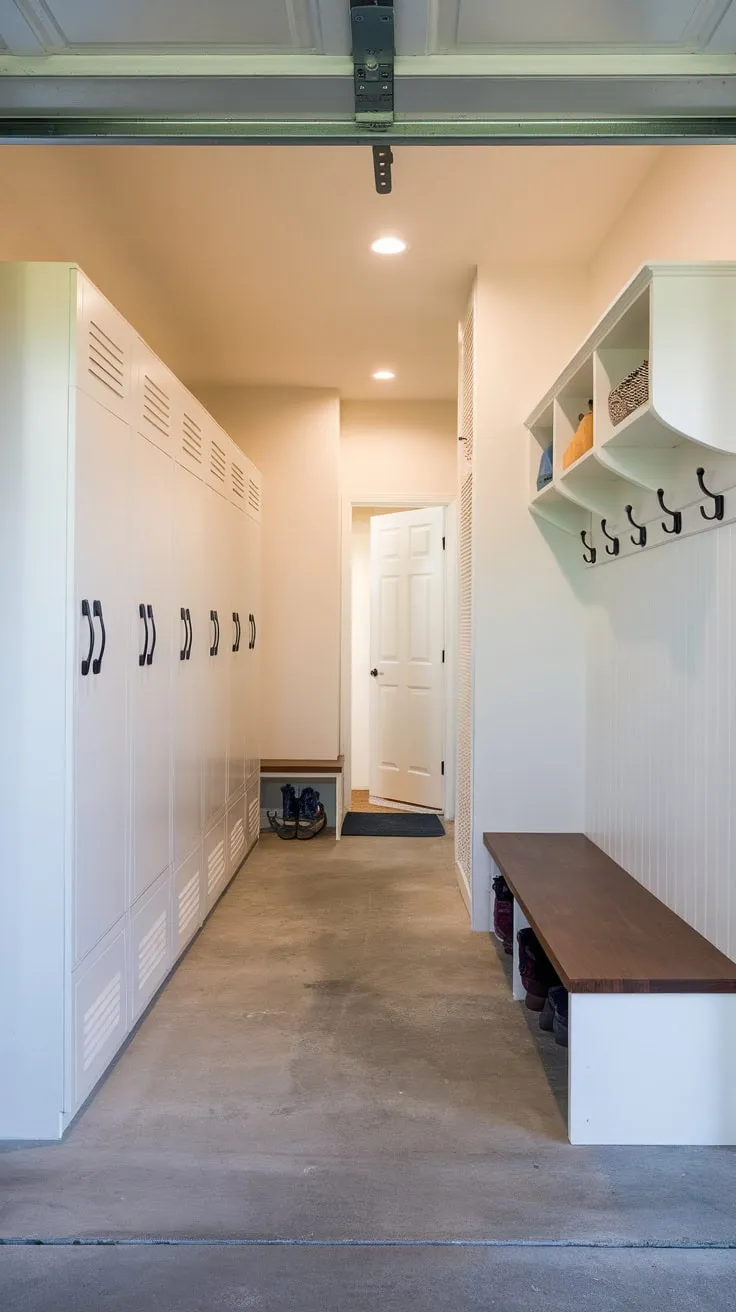A bright, renovated garage entryway boasts concrete floors, lockers, a bench, and ample hooks for organized mudroom functionality