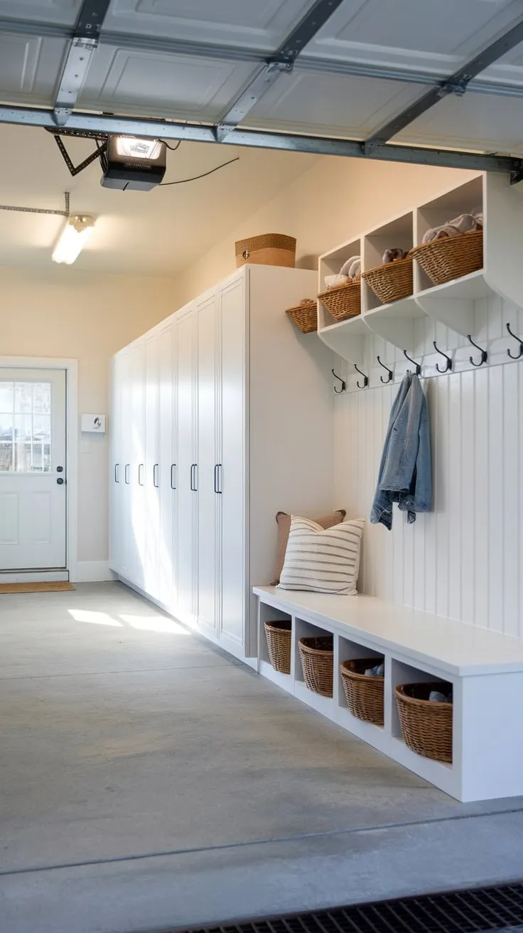 Clean concrete floors and bright lighting complete this renovated garage entryway mudroom, offering efficient storage solutions with lockers, a bench, and wall hooks.