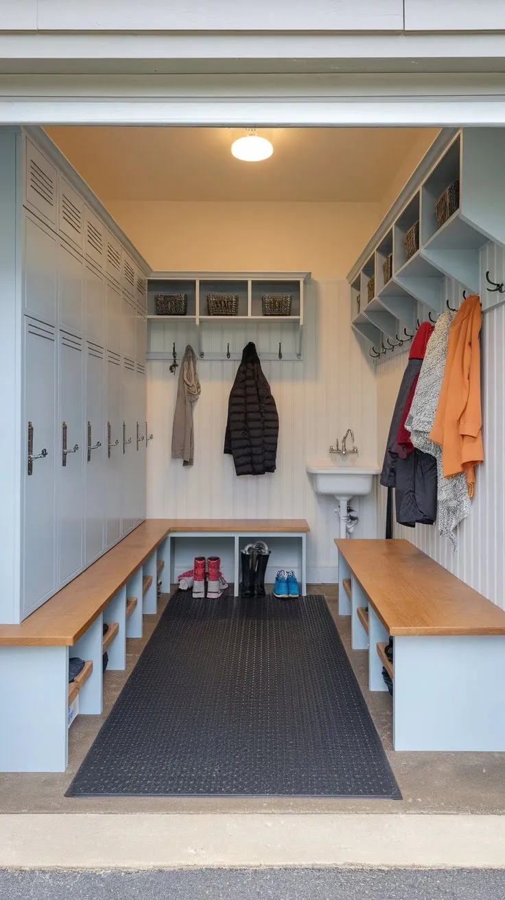 This stylish mudroom, cleverly repurposed from a garage, features built-in storage and a practical utility sink, enhancing both organization and aesthetic appeal.