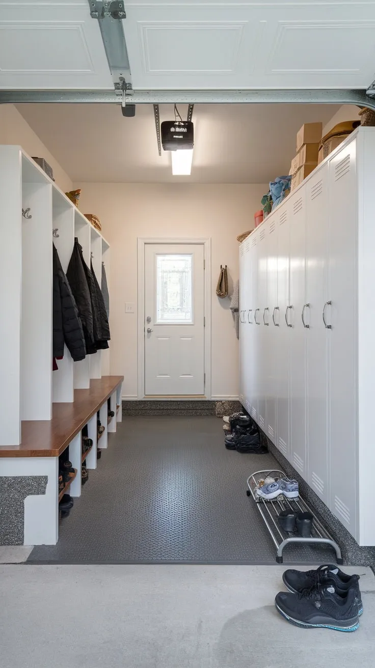 This renovated garage entryway offers a bright and functional mudroom complete with lockers, bench seating, and durable flooring.