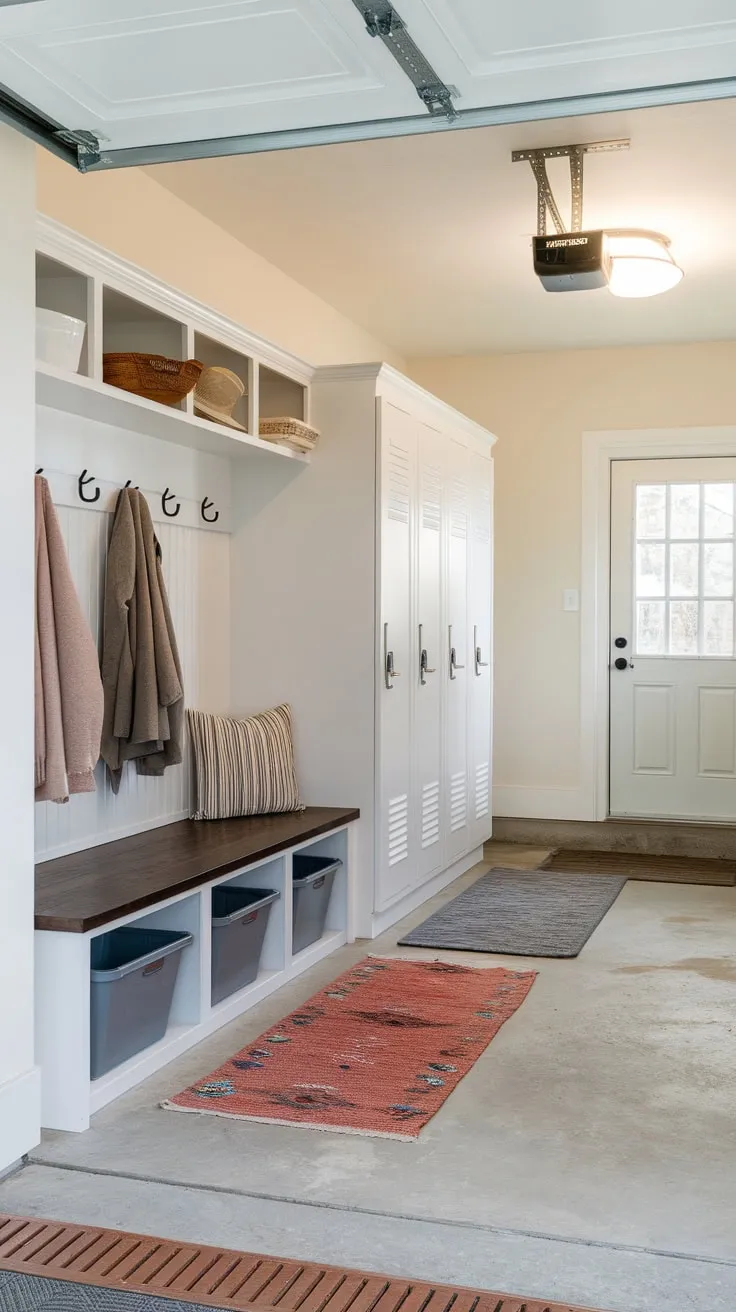 A bright white garage entryway transformed into a functional mudroom boasts ample storage with a bench, lockers, and coat racks, keeping everything organized and clutter-free