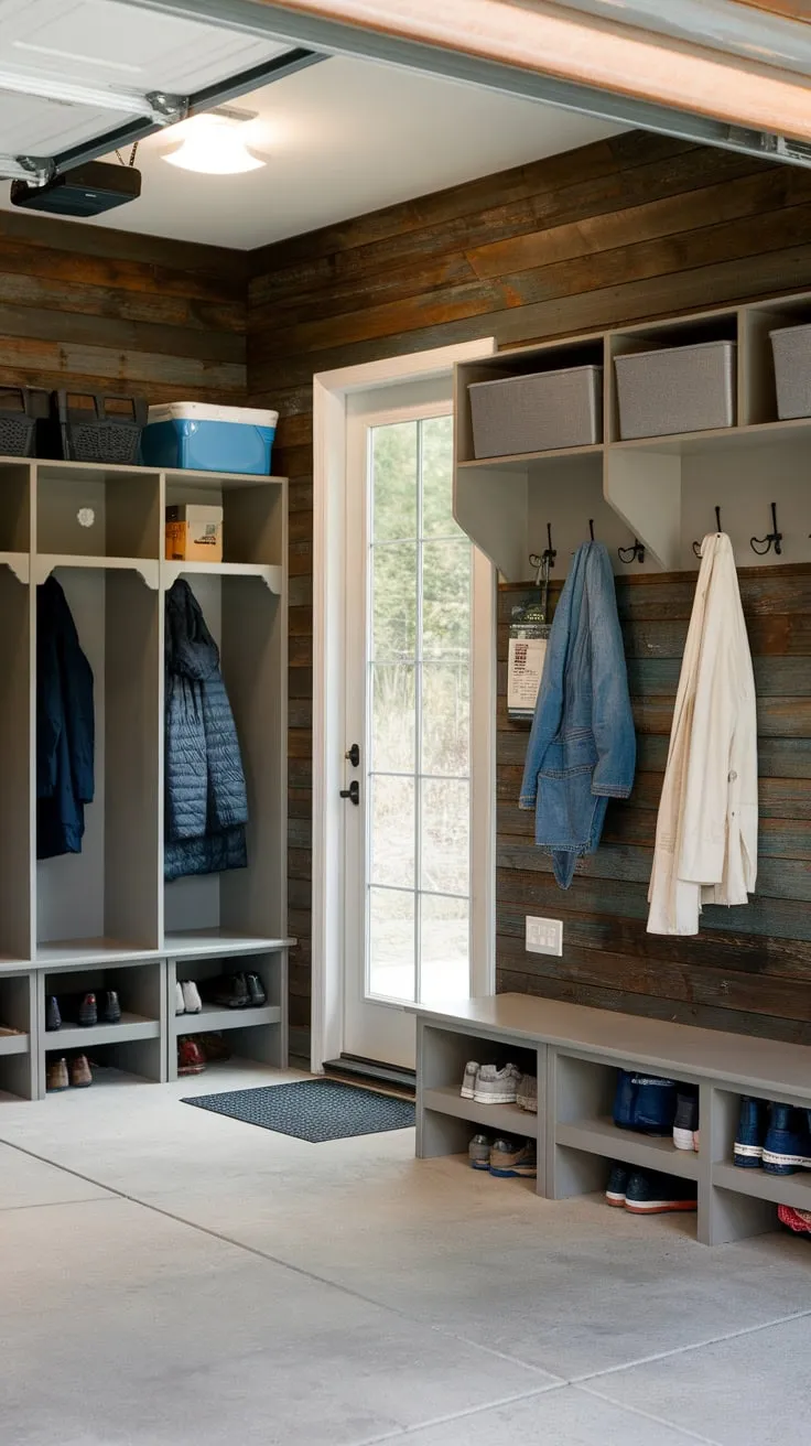 Step inside a functional and stylish garage entryway featuring a concrete floor, rustic wood walls, and ample storage including lockers and a bench for streamlined organization.