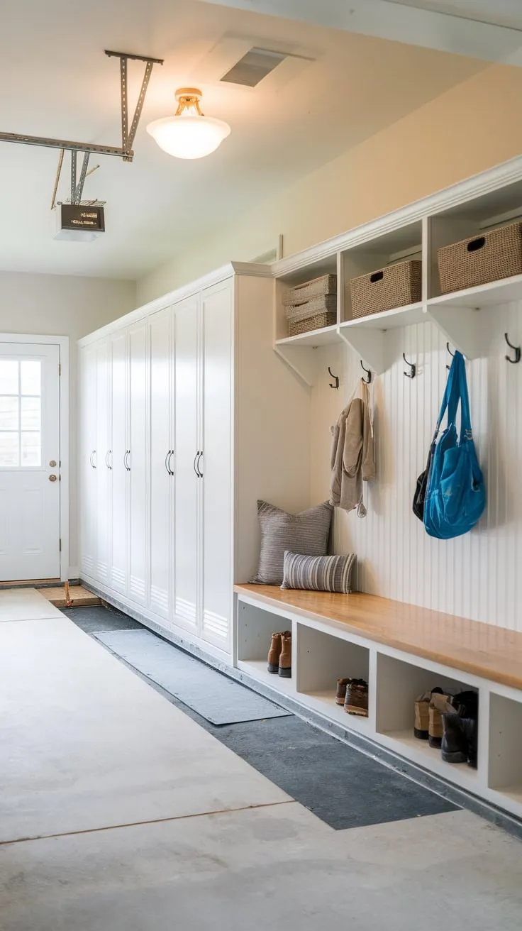 This garage entryway transformation yields a functional and inviting mudroom complete with built-in storage and stylish tile flooring.