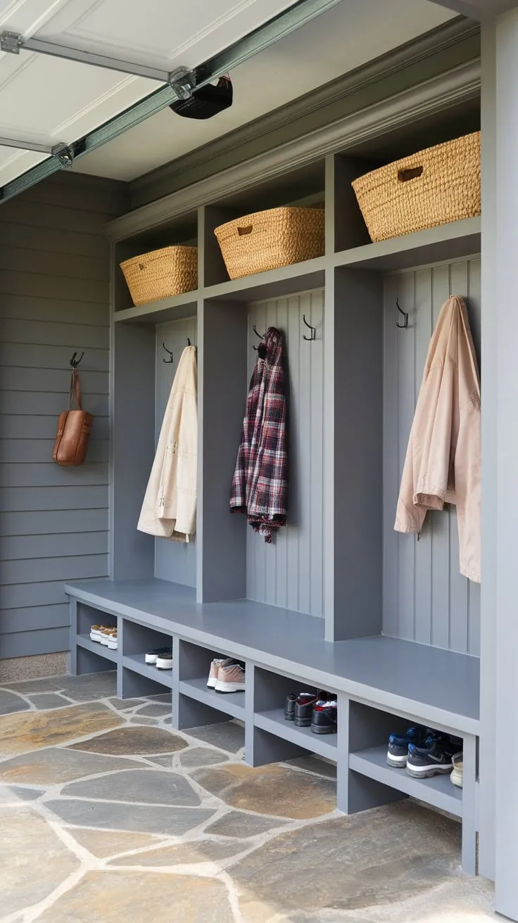 Grey-walled mudroom transforms a garage entryway with practical storage, a comfortable bench, and ample hanging space.
