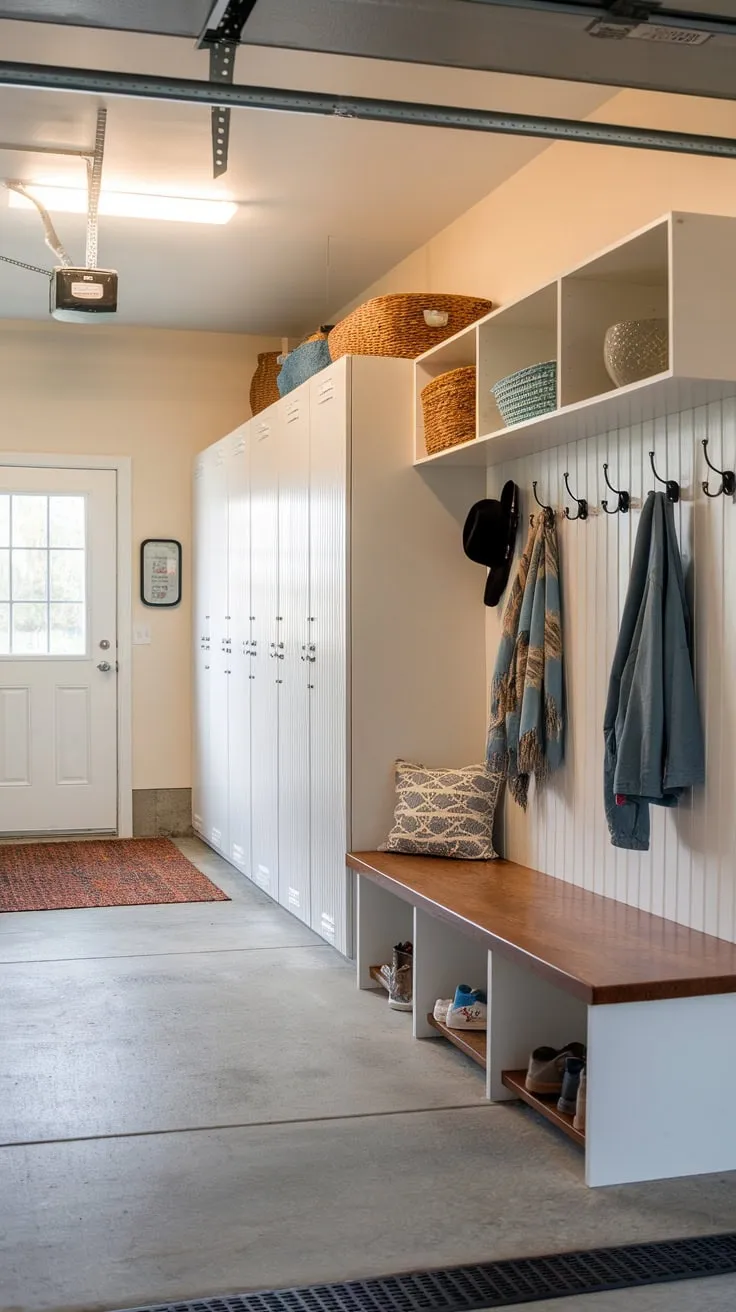 A bright, functional garage entryway makeover boasts built-in lockers, a coat bench, and ample shelving, transforming it into a practical mudroom