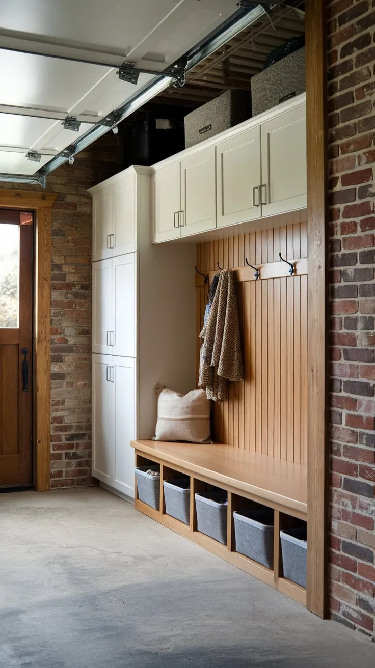A rustic-chic garage entryway transformed into a mudroom boasts a wooden bench with storage, overhead lockers, exposed brick, and concrete flooring.