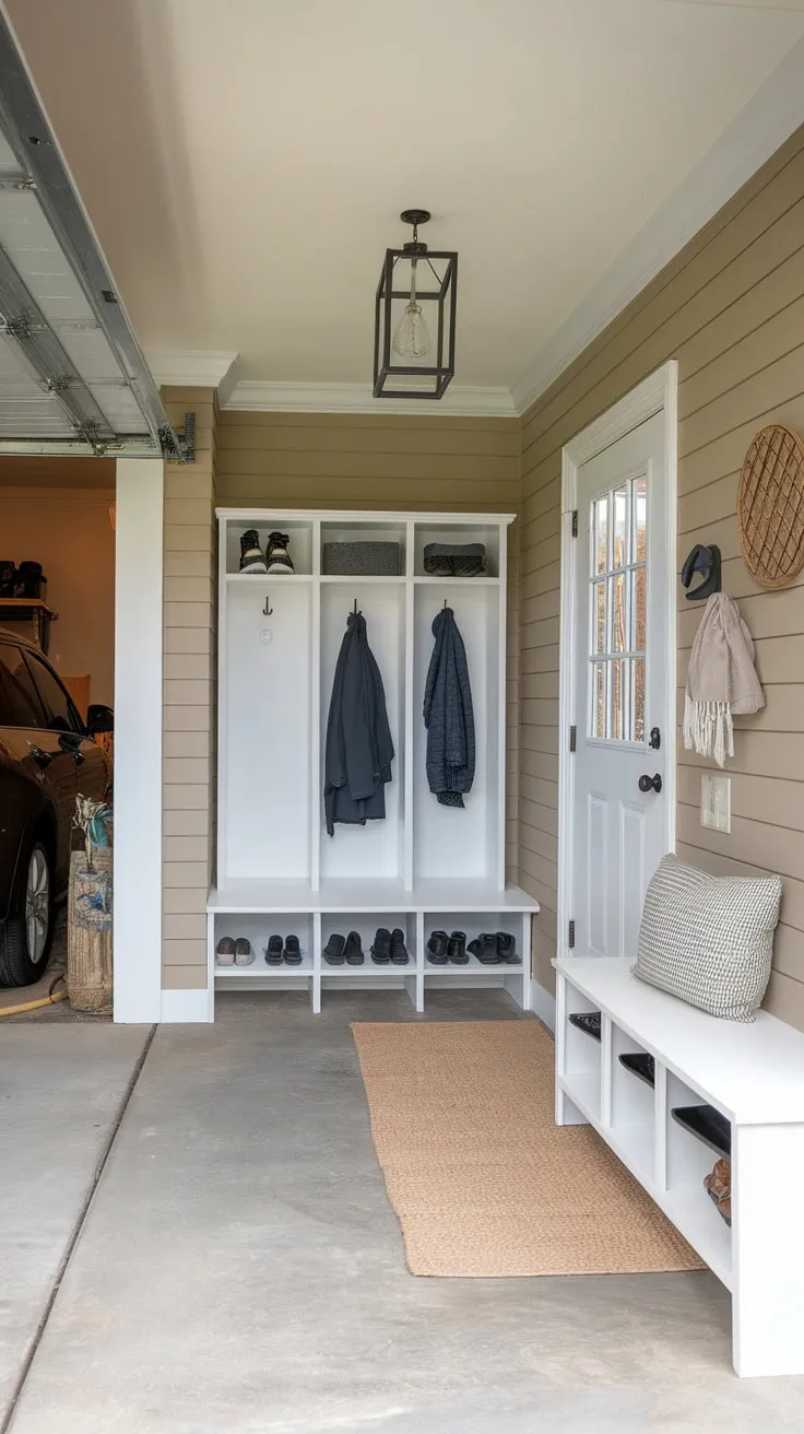A transformed garage entryway boasts a stylish mudroom with lockers, shelving, and a cozy bench, seamlessly blending practicality and charm.