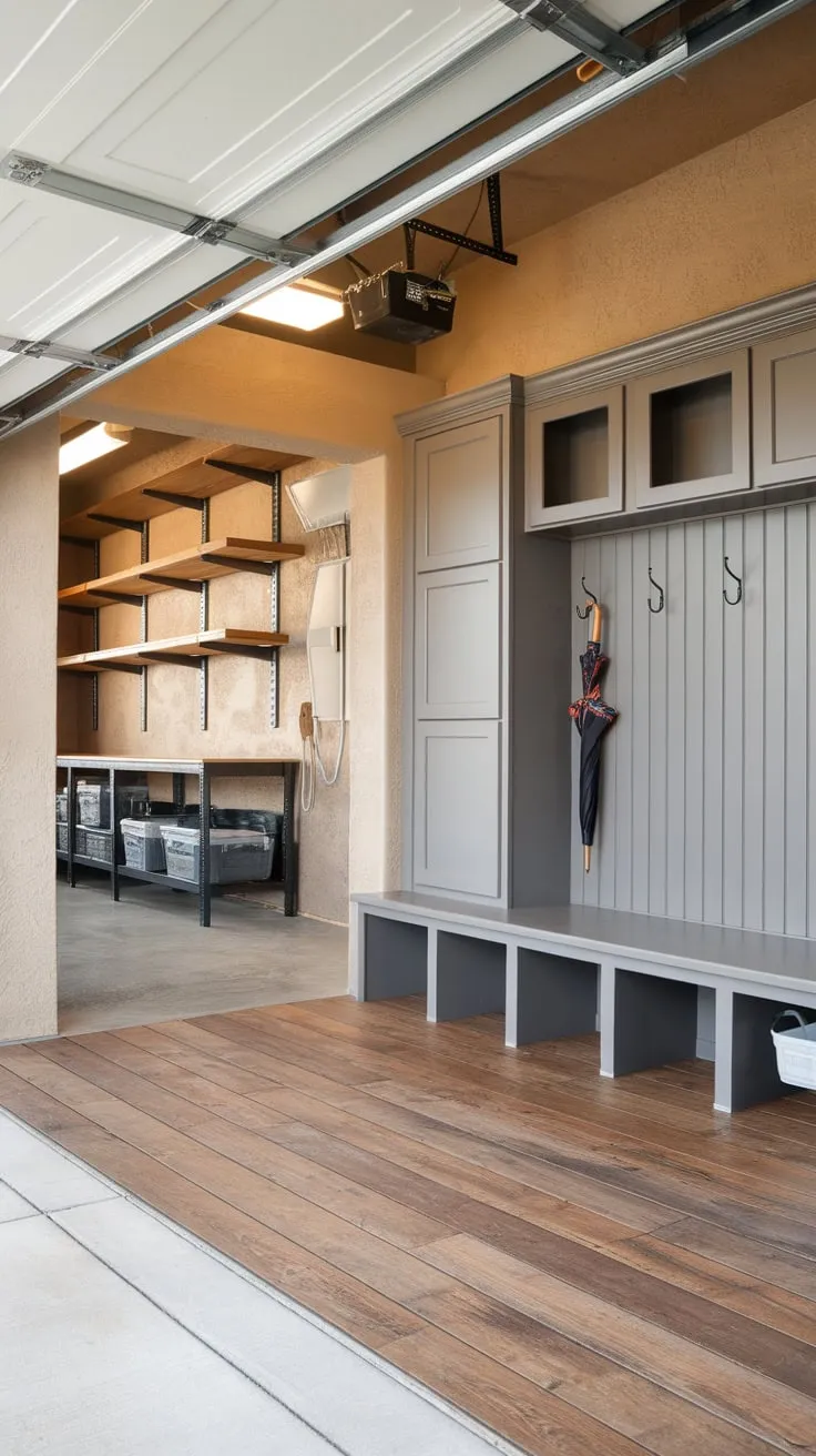 A functional garage entryway seamlessly blends mudroom convenience—complete with lockers and bench—and organized garage storage featuring shelves and a workbench, all within a textured-wall space.
