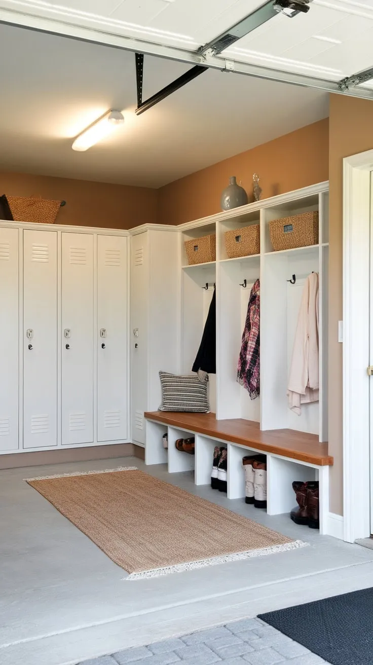 A transformed garage entryway boasts stylish lockers, a bench with cubbies, and a clean, organized design perfect for a mudroom.