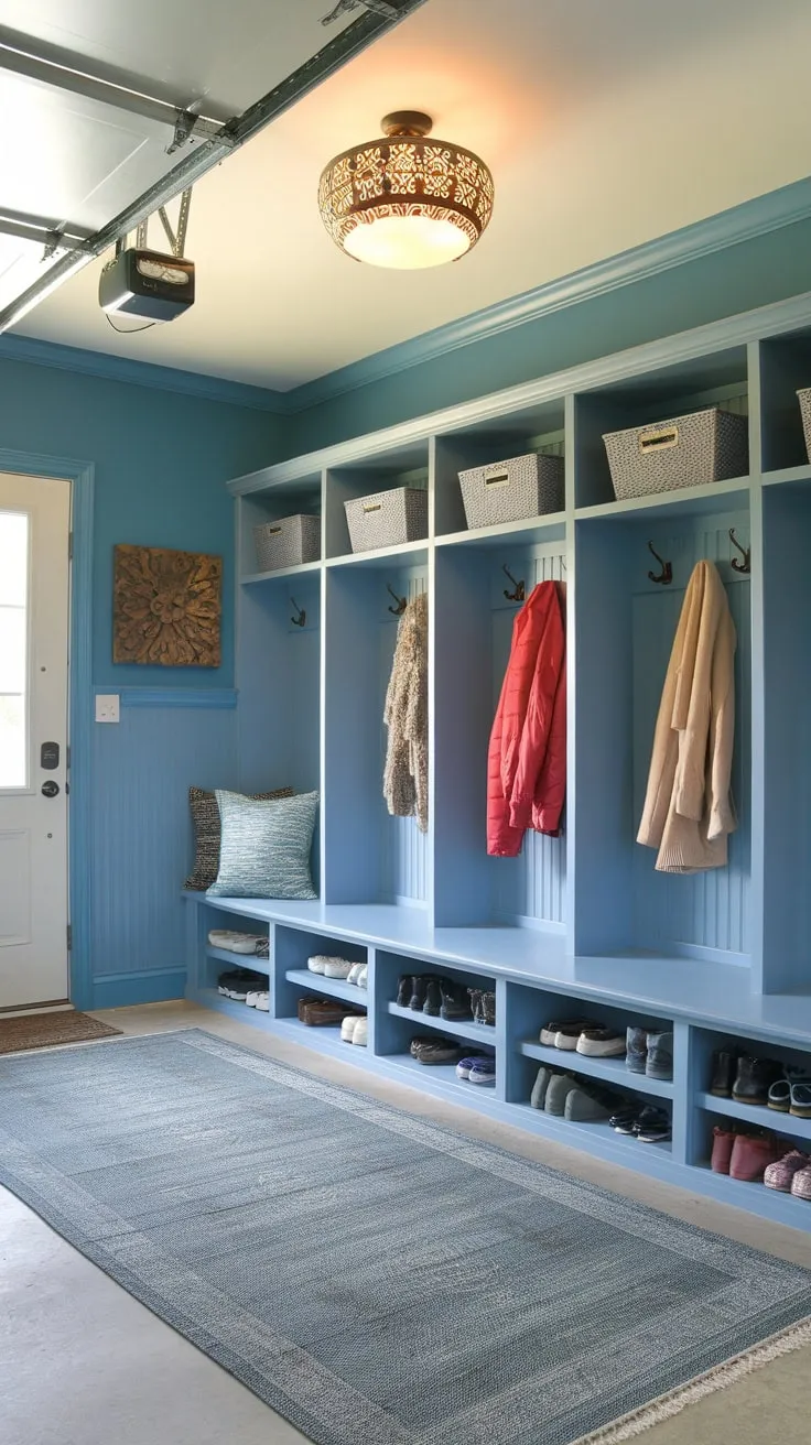 A transformed garage entryway offers a cheerful mudroom featuring built-in storage, a comfortable bench, and eye-catching design elements.