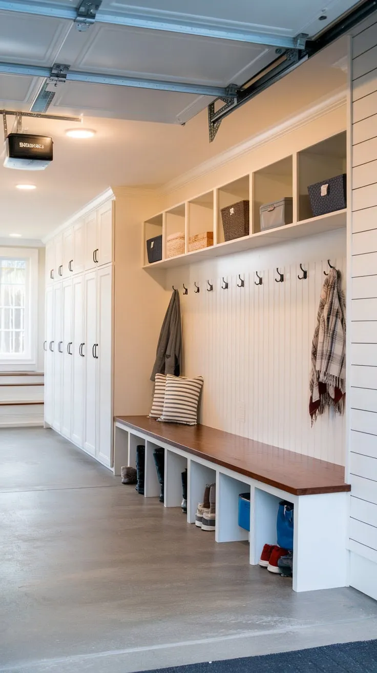A cluttered garage entryway was transformed into a bright, organized mudroom complete with lockers, a bench, and durable flooring.