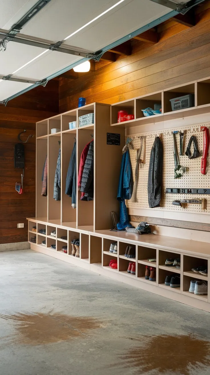 A utilitarian garage entryway mudroom offers ample storage with a bench, cubbies, pegboard, and lockers, despite its slightly worn concrete floor and wood walls.