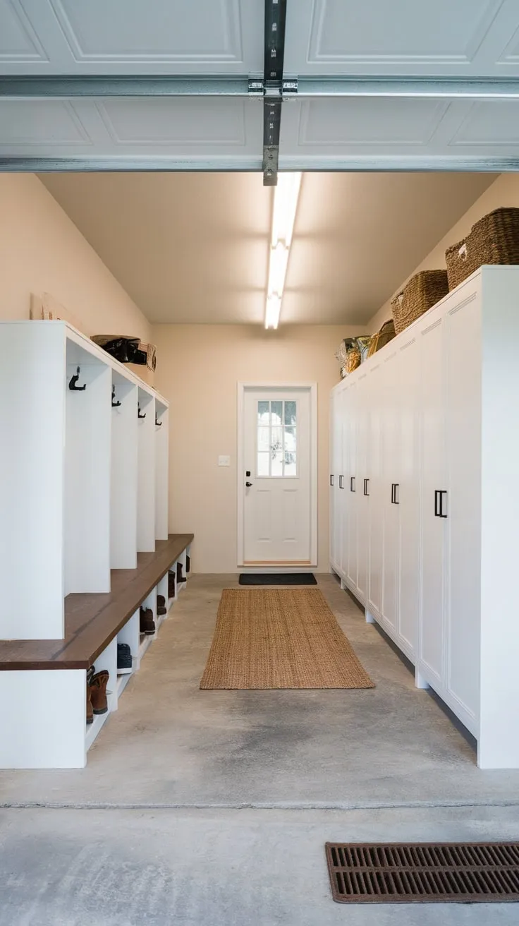 A concrete-floored garage entryway now boasts a stylish mudroom complete with lockers, a rug, and bright fluorescent lighting.