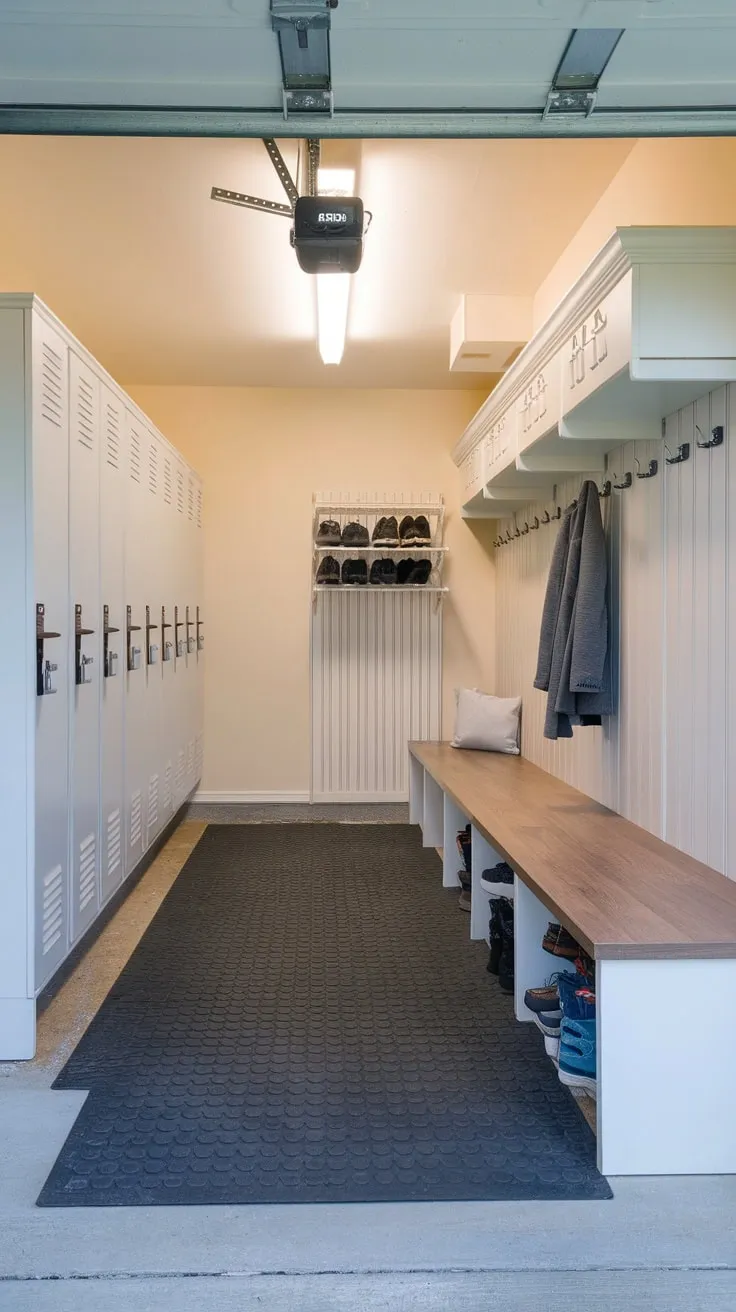 A bright garage entryway transforms into a functional mudroom complete with lockers, bench seating, durable flooring, and ample storage for shoes and coats