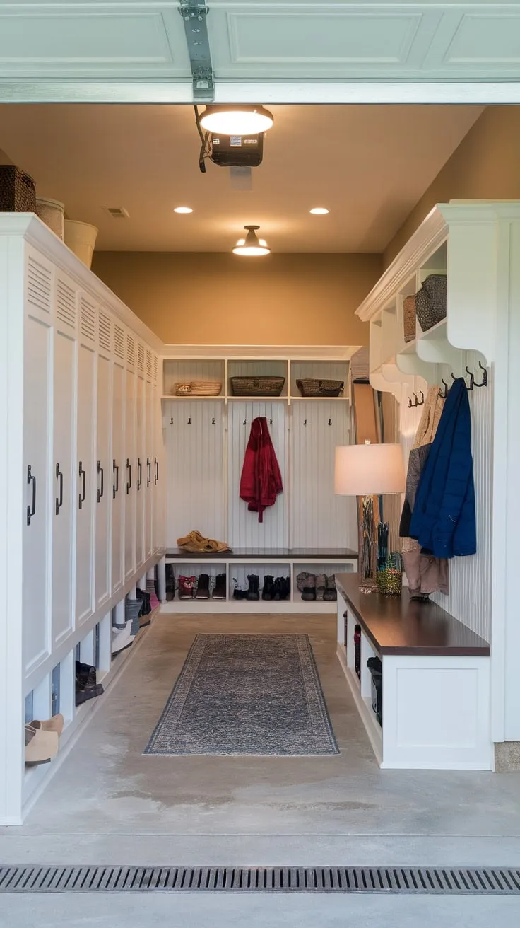A high-ceilinged garage entryway now boasts a stylish mudroom complete with lockers, a storage bench, and warm lighting