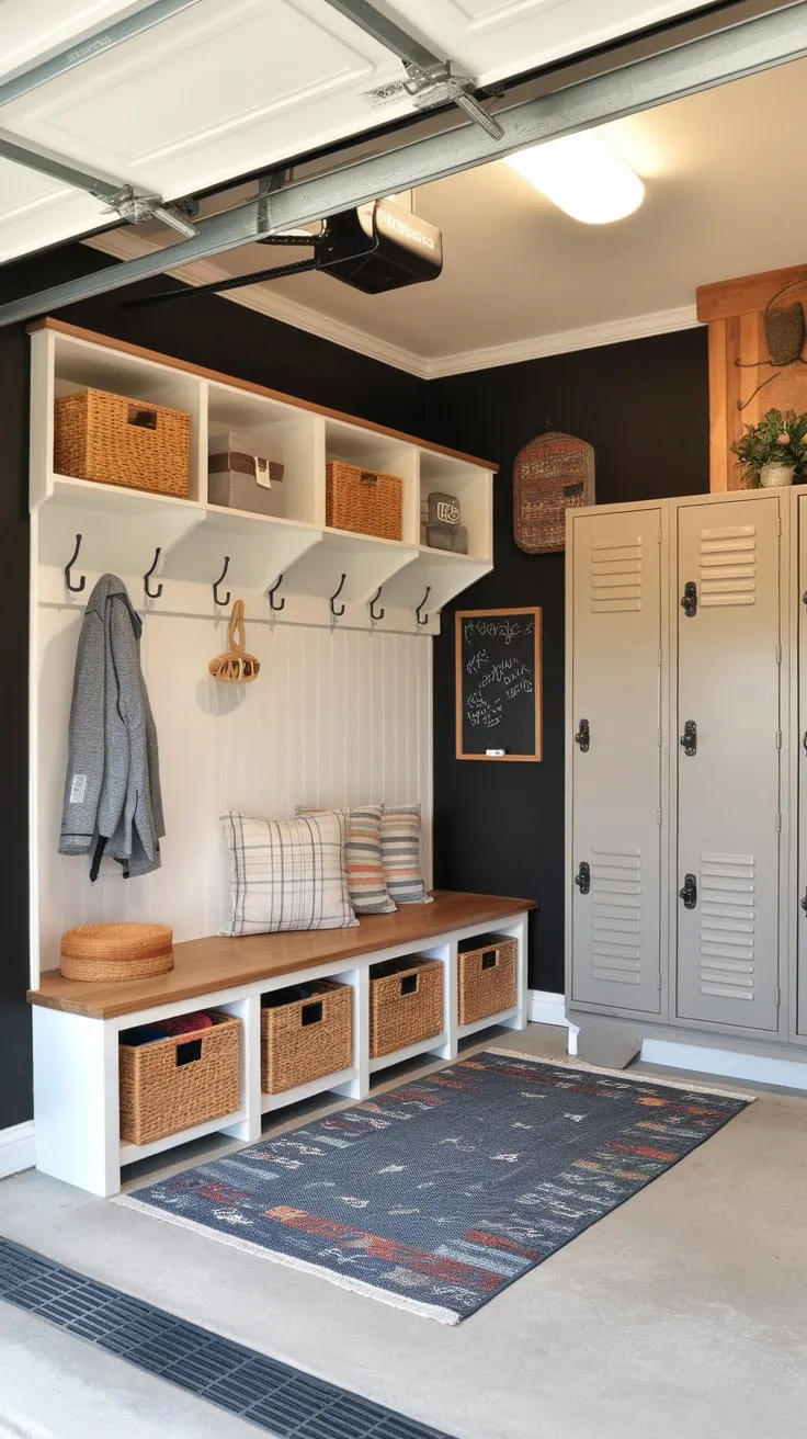 A transformed garage entryway now functions as a practical mudroom complete with bench seating, lockers, and ample storage, creating a welcoming and organized entry.