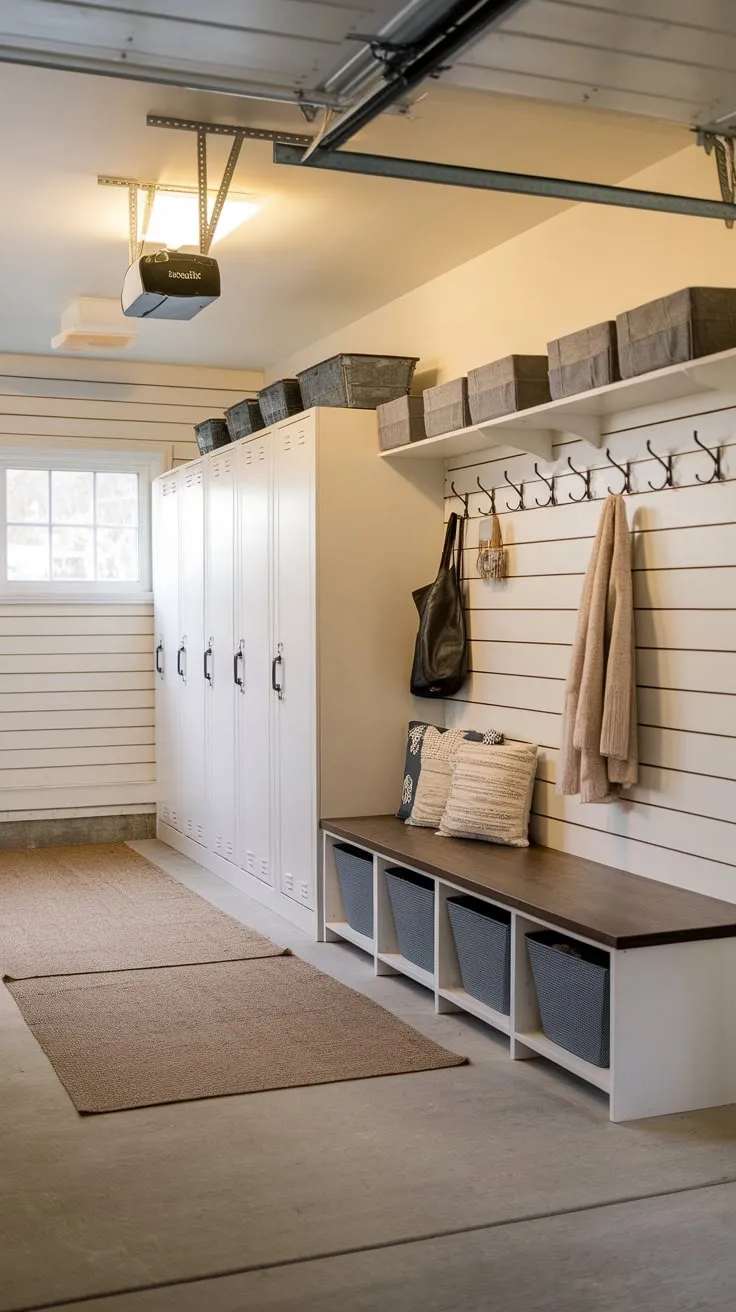 A bright, organized garage entryway now boasts lockers, storage, and a welcoming mudroom feel.