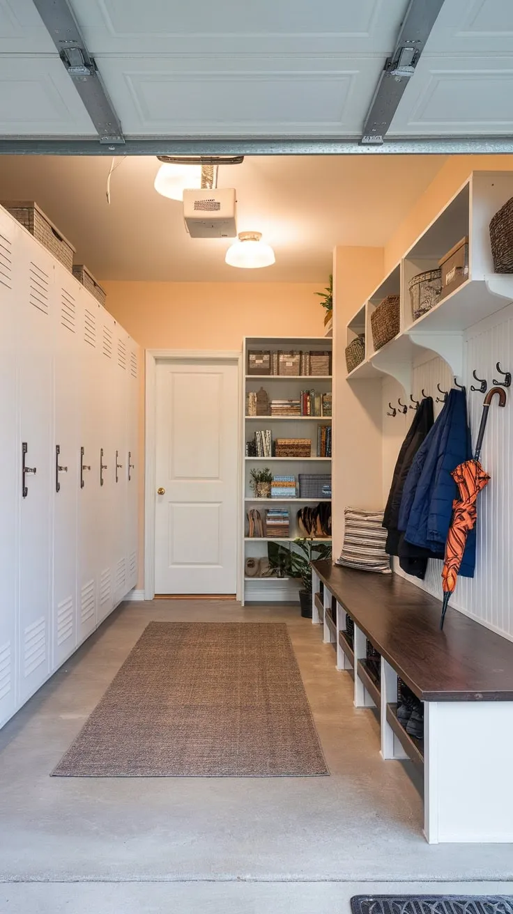 This transformed garage entryway offers a functional mudroom with ample storage, bright lighting, and comfortable seating.