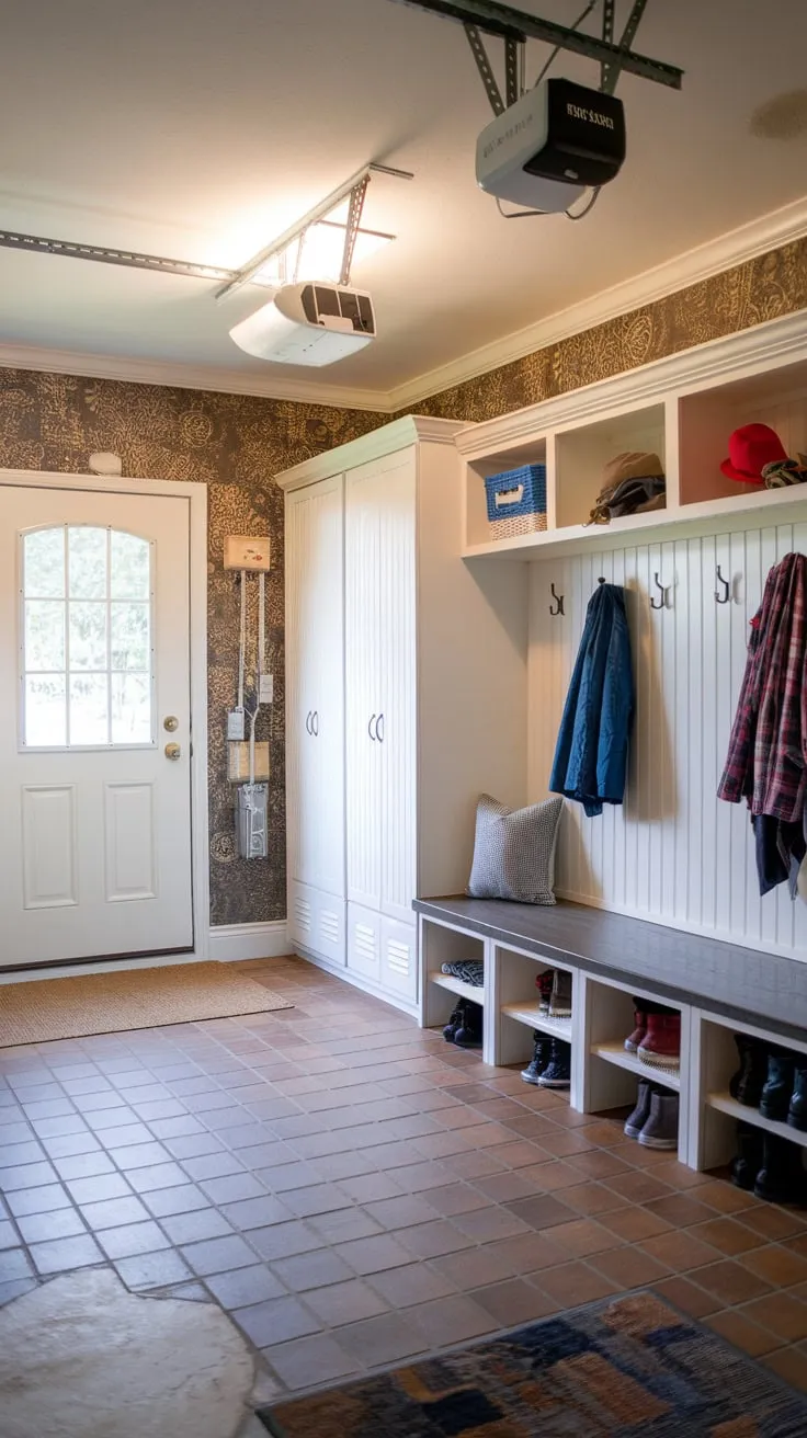 This stylish mudroom, cleverly repurposed from a garage entryway, features a tiled floor, ample storage, and welcoming design elements.