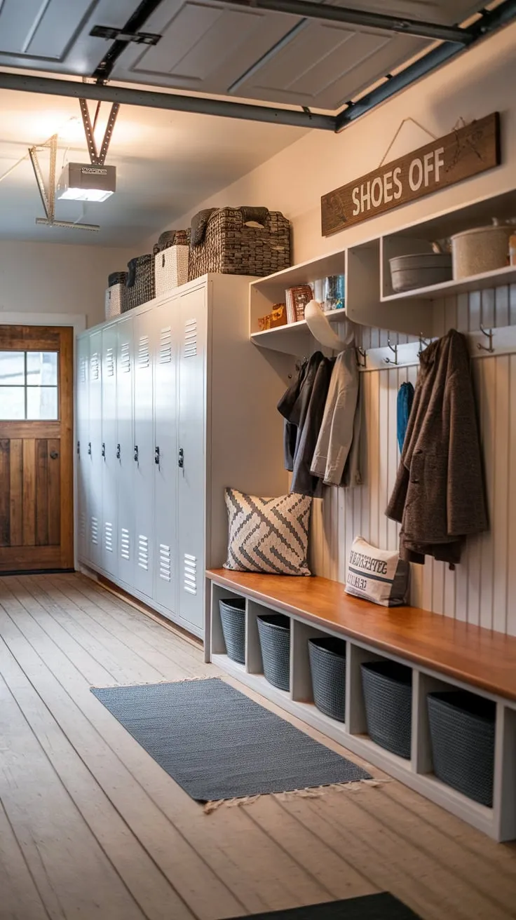 A rustic garage entryway transformed into a cozy, functional mudroom boasts wooden floors, storage benches, lockers, and a coat rod, perfectly blending practicality with charming décor.